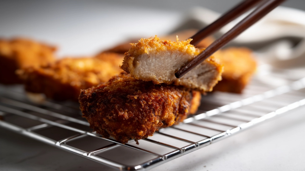 Dramatic close-up highlighting the ultra-crispy golden texture of a piece of pork chop, revealing tender meat inside