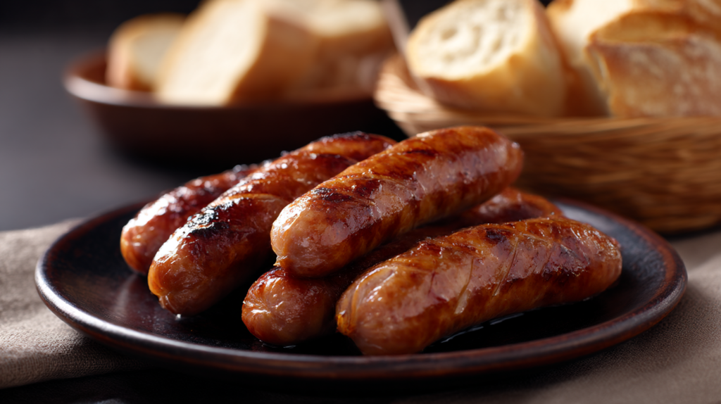 Close-up of juicy, perfectly grilled sausages featured prominently on a dark plate, with a basket of artisan bread blurred in the background.