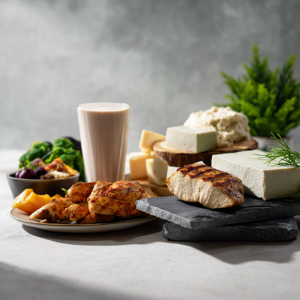 Appetizing showcase of diverse high-protein finished foods like a smoothie, grilled chicken, tofu, and cheese, highlighting quality end products.